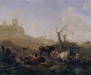William Romeyn Cattle and sheep by a stream in a pasture,a town beyond oil